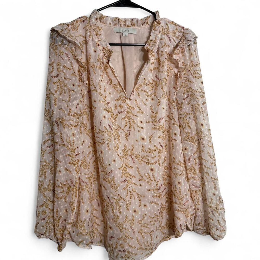 LOFT Floral Ruffle V-Neck Blouse Medium Long Sleeve Top Old Money Preppy Classy